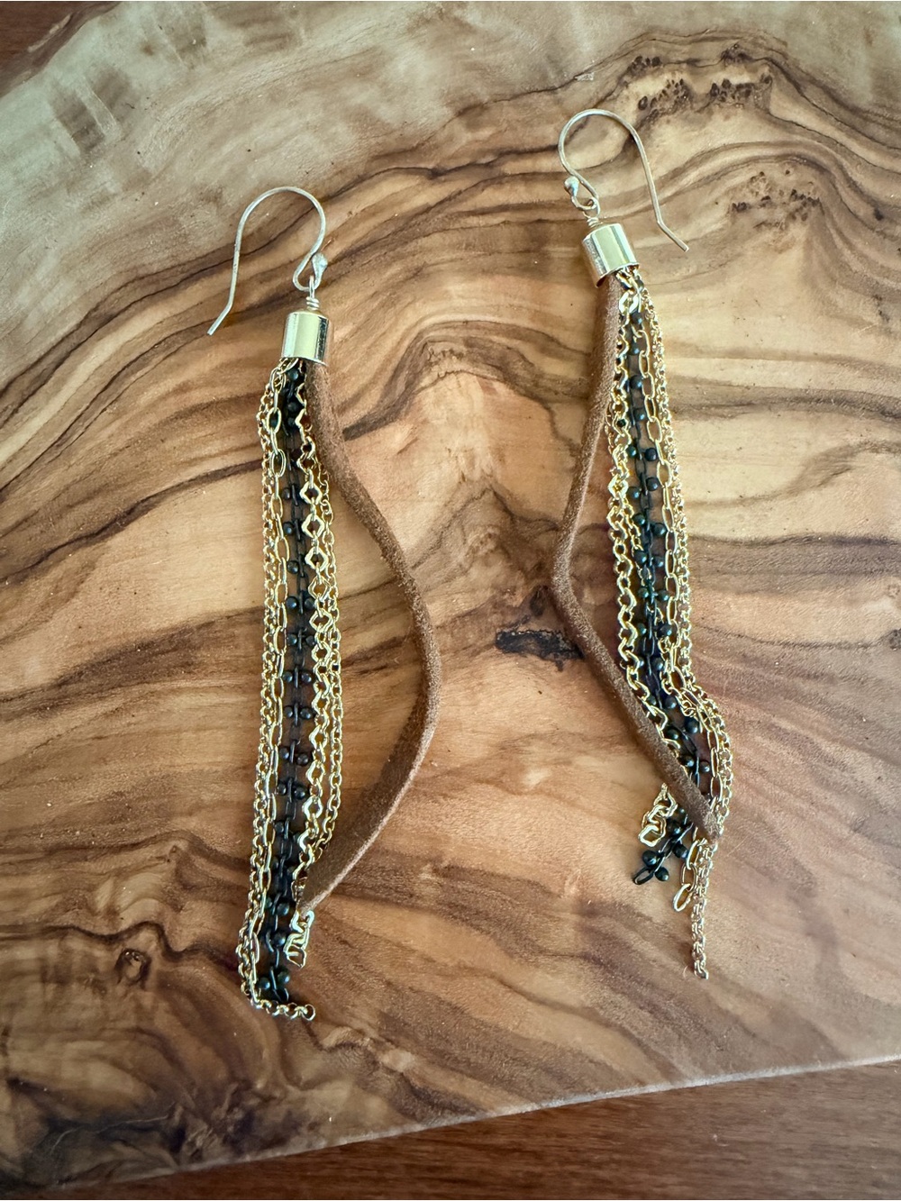 Source Unknown Gold and Brown Layered Chain Dangle Earrings